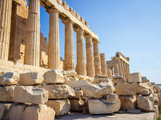 Ancient Parthenon Temple on top of the Acropolis Athens, Greece at sunny day with a blue sky. The...