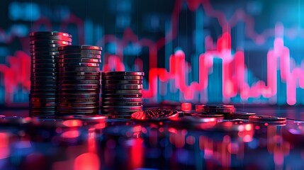 Stacks of coins in front of a digital financial graph, ideal for finance blogs, investment articles, and economic analysis. Profitable and analytical.