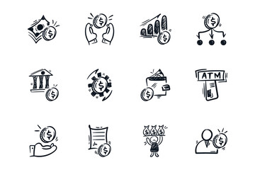 Personal financial business management doodle icon collection, hand drawn set vector
