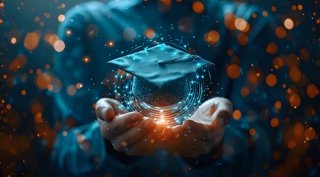 Hands holding a digital graduation cap, ideal for education blogs, academic articles, and online learning content. Innovative and inspirational.