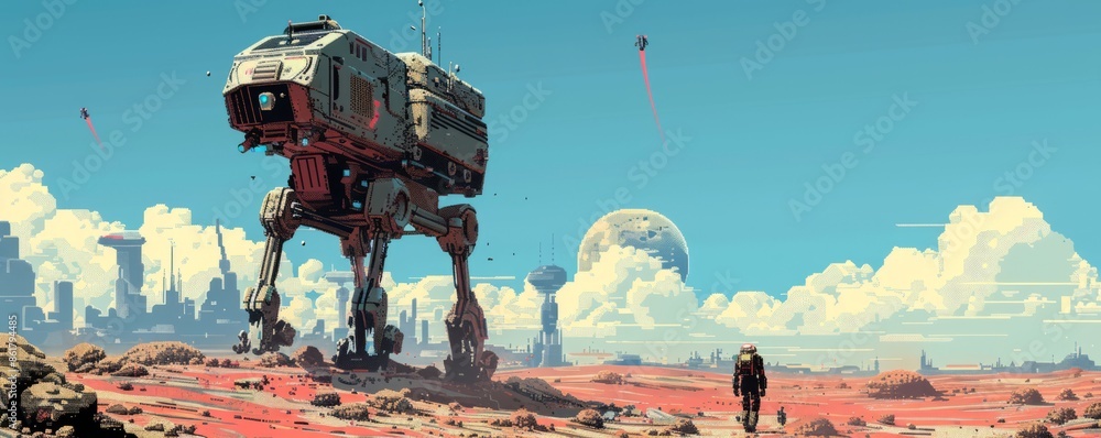 Poster a pixel art rendition of a retro-futuristic robot exploring a desolate planet, its pixelated form co