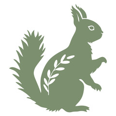 A green squirrel with a leaf in its mouth, sitting on a branch against a white background