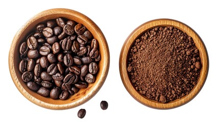 Fototapeta premium Flat lay of Roasted Coffee beans and ground coffee in wooden bowl isolated on white background. Clipping path.