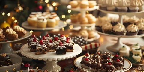 Naklejka premium Festive indoor setting with assorted desserts and warm holiday ambiance. Concept Holiday Party Theme, Dessert Tablescape, Festive Decor, Warm Atmosphere