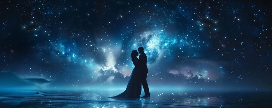A couple slow dancing under a starry sky, their movements graceful and fluid as they move to the music.