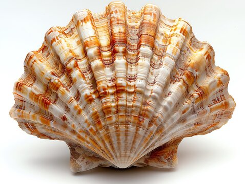 Close-up of a beautifully patterned seashell with orange and white stripes, isolated on a white background.