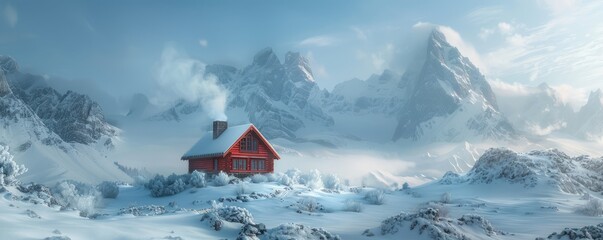 A cozy cabin nestled amidst snow-capped mountains, smoke curling from its chimney, inviting warmth and comfort.