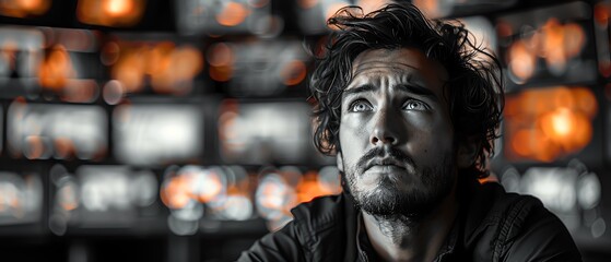 Pensive man with screens in background, thoughtful expression, high contrast, digital age concept, modern technology, soft focus.