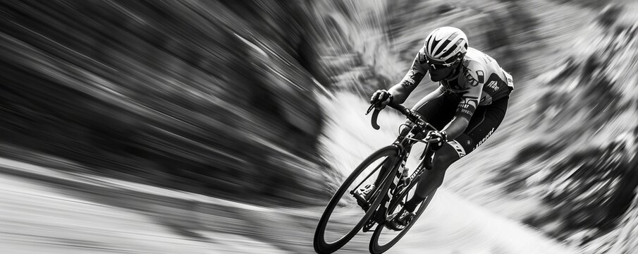 A cyclist racing down a mountain road, their legs pumping furiously.