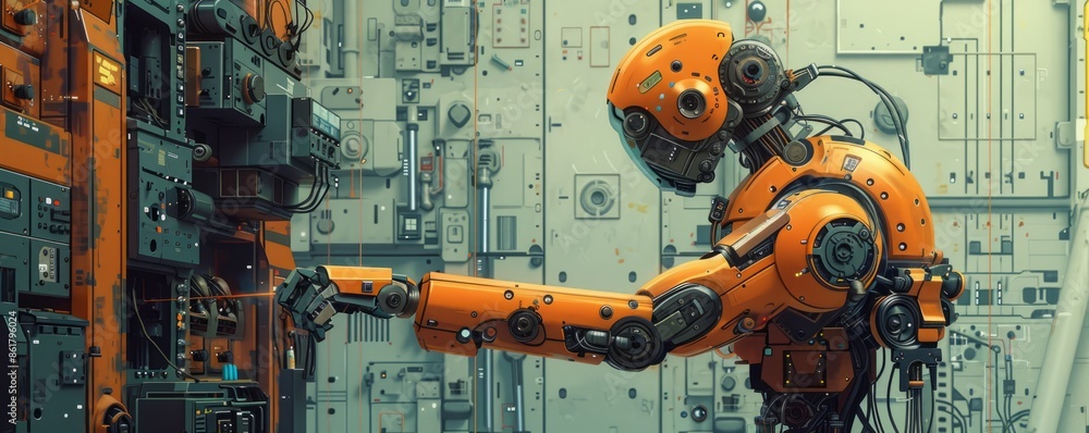 Poster a robot arm assembling a complex piece of machinery, its movements precise and efficient.