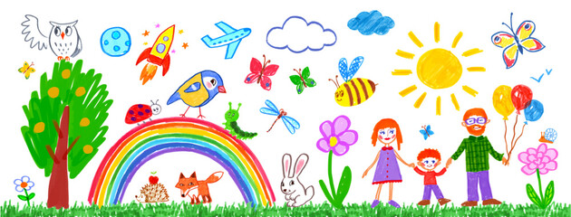 Felt pen hand drawn vector illustrations set of child drawing of family summer nature background