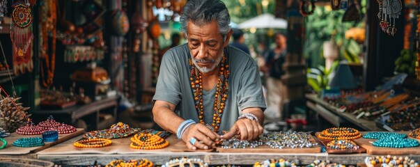 Obraz premium A street vendor selling handmade jewelry from a quaint market stall, showcasing intricate designs and craftsmanship.