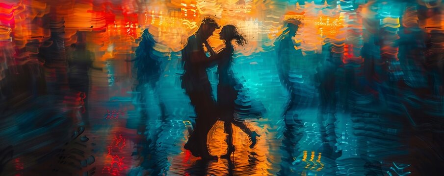 A couple dancing the night away at a vibrant salsa club, twirling and spinning to the rhythm of Latin beats.