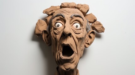 Clay sculpture of a surprised face with exaggerated features, captured against a plain background, showcasing intricate craftsmanship.