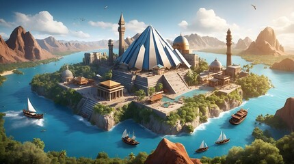 Fototapeta premium A captivating series of travel-themed illustrations featuring iconic destinations, landmarks, and adventure activities, blending diverse landscapes, cityscapes, and cultural elements to celebrate the 