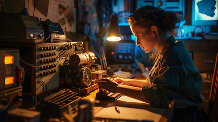 During the 1940s, a woman sits at a desk, working on spy gadgets and equipment in a dimly lit room at night.