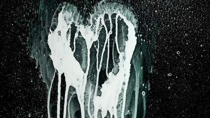 Person spraying foam on black glass screen isolated background with heart sign drawing with an oil...