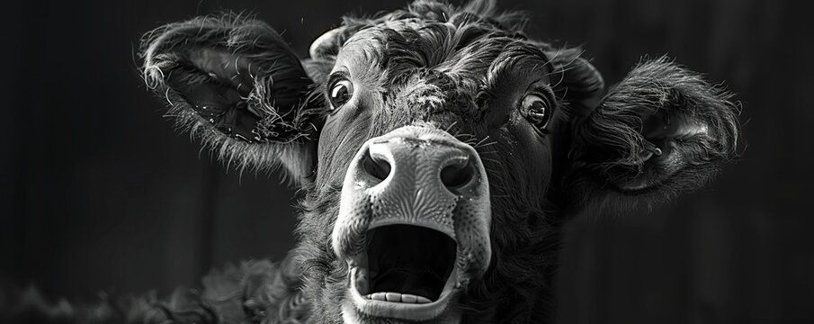 Black and white cown with scared expression on his face.