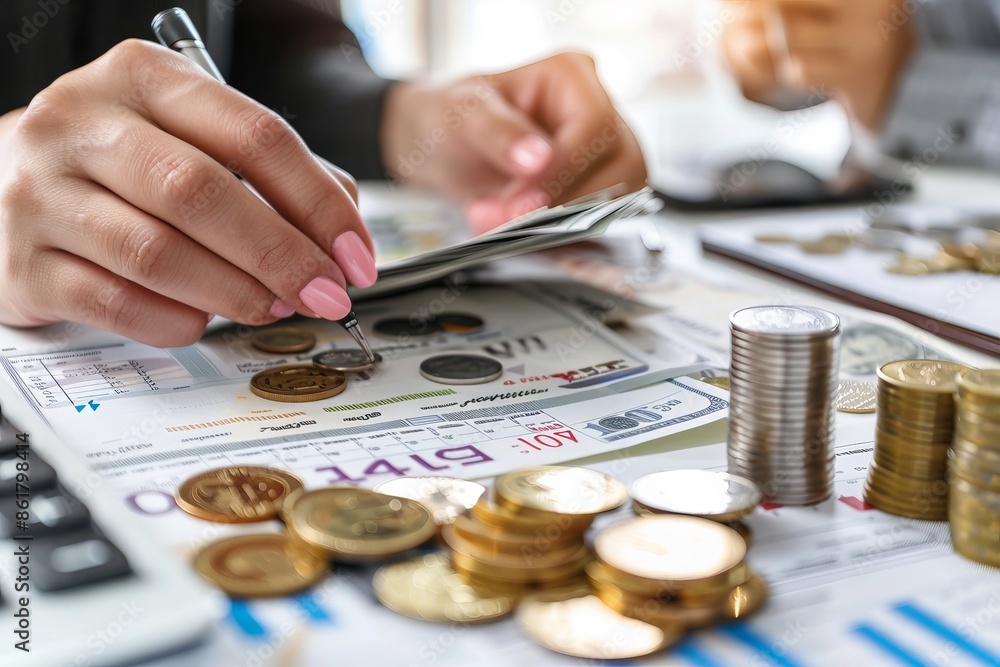 Poster focused accountants counting profits close up of hands calculating money and taking notes on paper