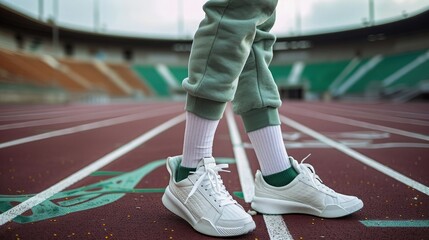 Women's legs in sweatpants, white socks and white sneakers with green elements against the background of the track with markings in the stadium.