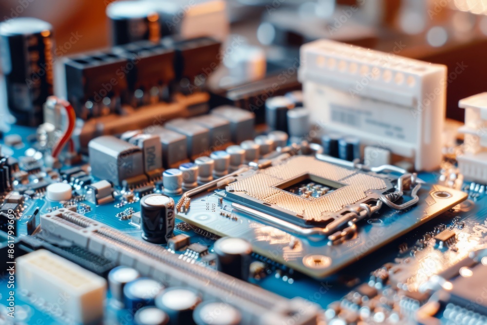 Poster close up photography of a computer motherboard with focus on ai processor and electronic components