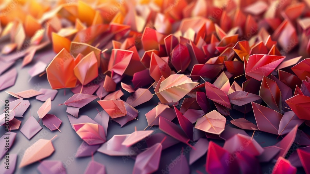 Poster triangles tered in an irregular pattern reminiscent of fallen autumn leaves.