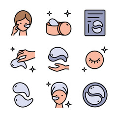 Eye gel patches color icons set. Simple illustrations of eye mask. Flat isolated vector signs set on white background. Trend care products signs collection.
