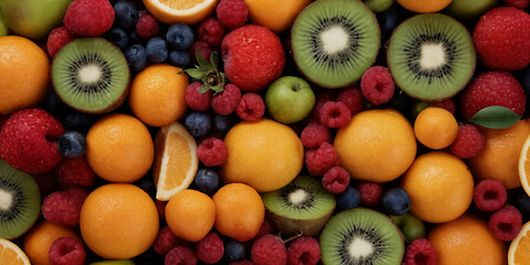 Vielfältige Auswahl an frischen Früchten wie Kiwis, Himbeeren, Orangen und Äpfeln, die eine gesunde und farbenfrohe Komposition in einer ausgewogenen Anordnung zeigt