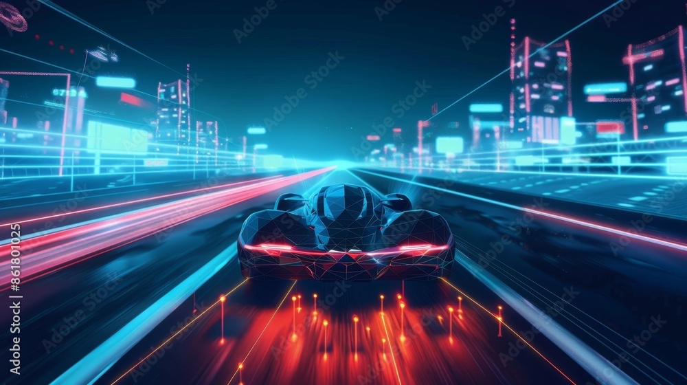 Poster a sleek futuristic vehicle glides effortlessly down the empty highway connected to the world through