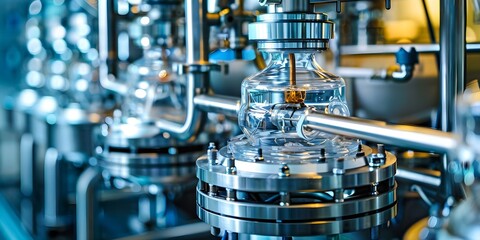 Obraz premium Photos of bioreactors in biopharmaceutical manufacturing process for quality control measures. Concept Bioreactors, Biopharmaceutical Manufacturing, Quality Control, Process Monitoring
