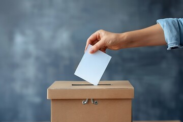 A close-up of a hand placing a voting ballot into a brown ballot box, set against a dark, neutral background, symbolizing democracy, civic duty, and decision-making process.