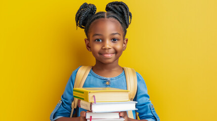 Smiling black school girl holding books on plain yellow background. Concept: education, back to school, learning, elementary school.