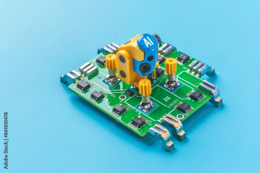 Poster green circuit board with yellow and blue components highlighting ai and technological integration
