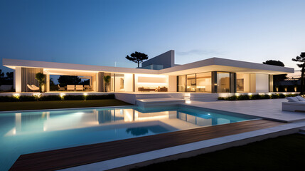 Fototapeta premium Luxury House with Pool at Dusk