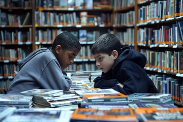 Two Boys Studying Together in a Library
