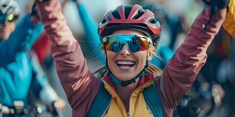 Fototapeta premium Athletes celebrate victory on podium person in helmet and goggles smiles. Concept Sports, Victory, Podium, Celebration, Athlete