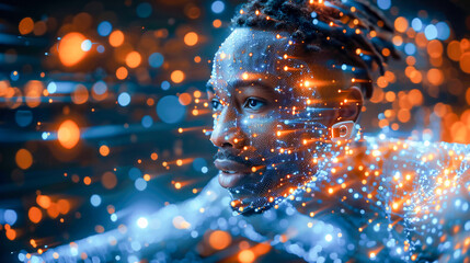 Digitally enhanced athlete racing with speed and precision in a futuristic virtual sports arena close up. Human head with vibrant light streaks running across the face