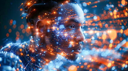 Digitally enhanced athlete racing with speed and precision in a futuristic virtual sports arena close up. Human head with vibrant light streaks running across the face