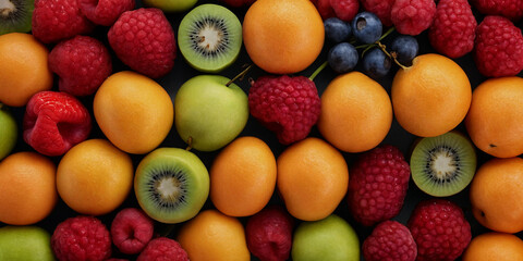 Fruchtige Vielfalt: Eine leuchtende Mischung aus Kiwis, Orangen, Himbeeren und Blaubeeren, perfekt für eine erfrischende und gesunde Ernährung