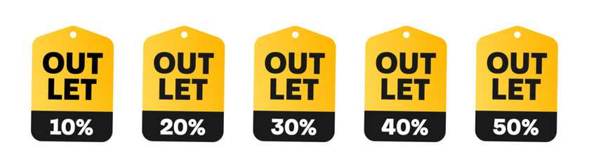 Outlet sale set with tag icon 50%, 40%, 30%, 20%, 10% off. Black and yellow