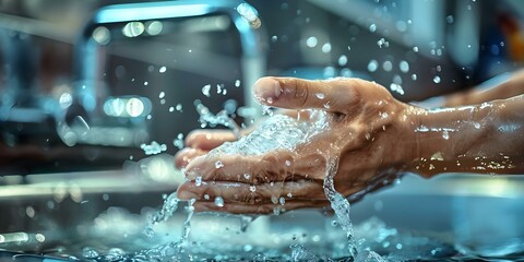 Fototapeta premium Closeup of hands washing under running water in modern bathroom. Concept Personal Hygiene, Hand Washing, Hygiene Practices, Modern Bathroom, Closeup Shot