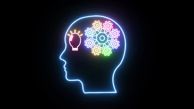 Glowing neon line Human head with gear inside icon isolated on black background.