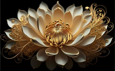 Magnificent bloom in golden and ivory hues with spiraling abstract designs on a dark backdrop. Grace and allure theme. Generated ai