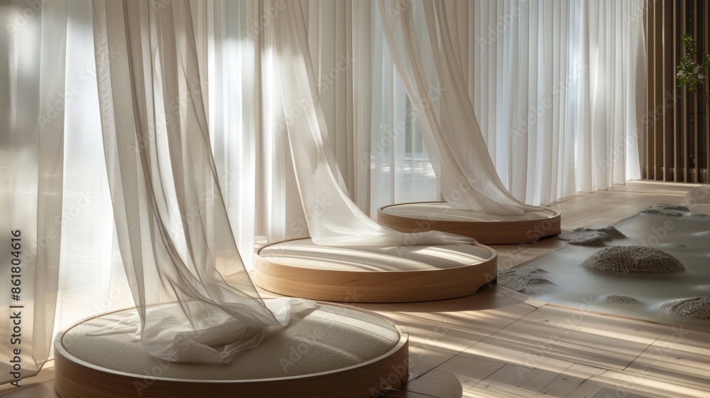 Poster the flowing fabric resembles a serene waterfall adding to the natural elements of the meditation spa