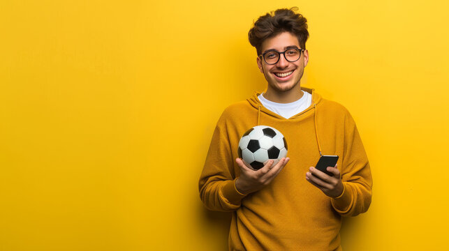 A young man is standing against a yellow backdrop with a soccer ball in one hand and his mobile phone in the other.
