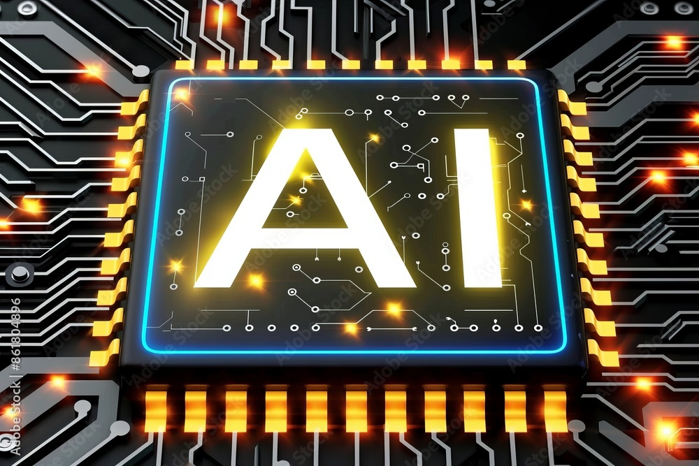 Poster glowing ai chip on black circuit board representing advanced technology and digital innovation