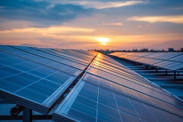 Solar Panels on Sunset Background created with Generative AI
