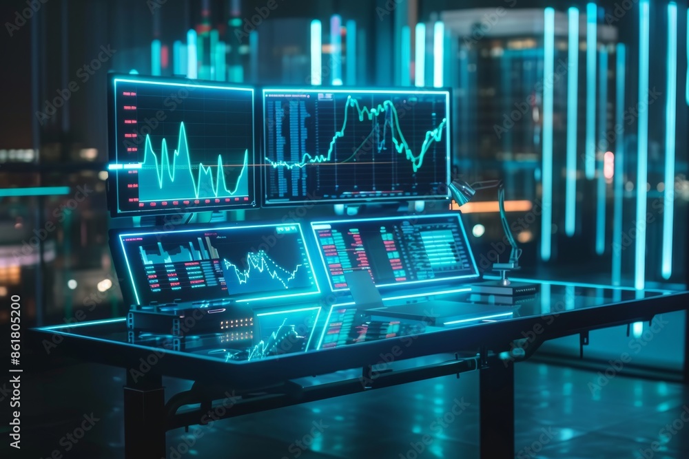 Poster futuristic glowing desk with stock data charts technology and innovation concept loop video