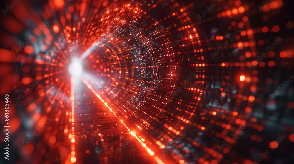 Poster explore a mesmerizing red particle tunnel in the vastness of space, ideal for scifi and cosmic desig