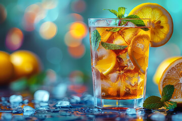 Refreshing iced tea with lemon slices and mint, perfect for a summer beverage.